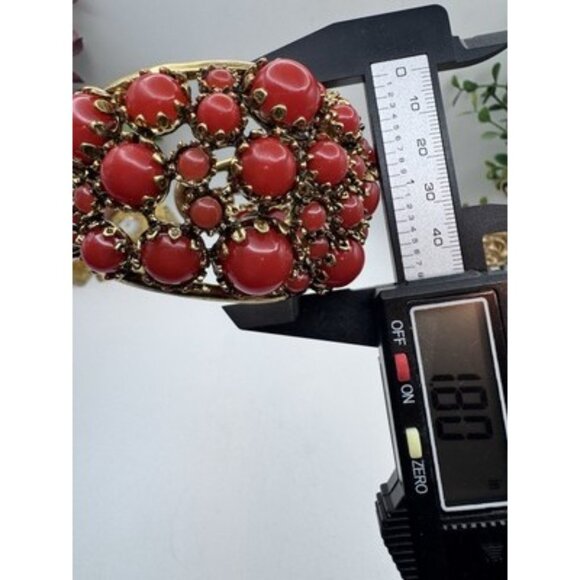 Zara Red Resin Accent Chunky Cuff Bracelet Gold Tone Open-Ended Design NWOT - Picture 7 of 10